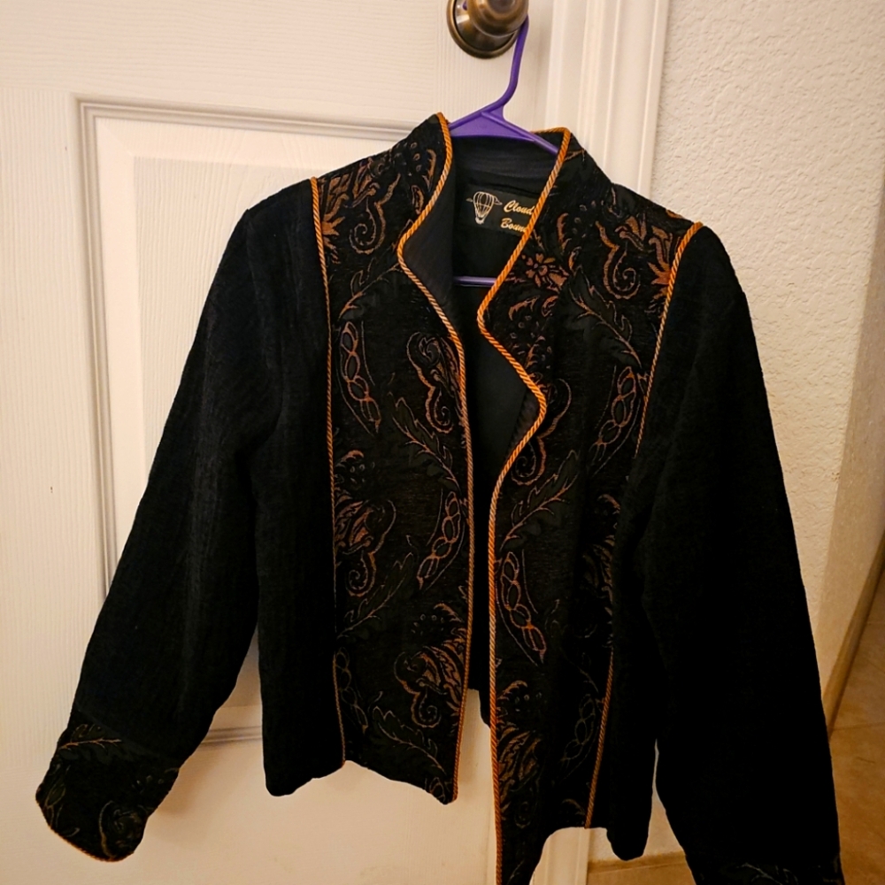 Cloud Bound Women's Jacquard Tapestry Open Jacket Green Art To Wear M/L